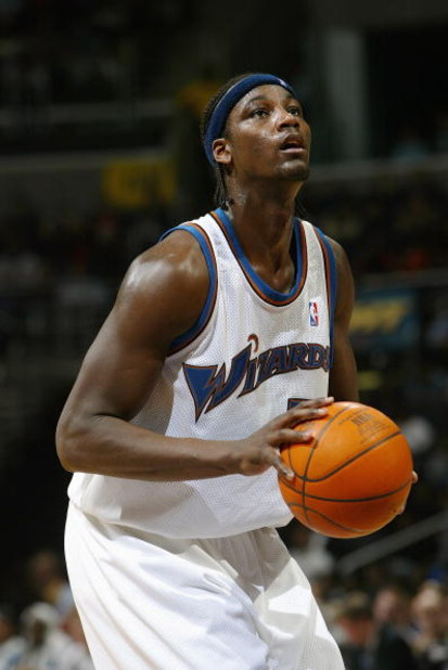WASHINGTON - JANUARY 4:  Kwame Brown #5 of the Washington Wizards shoots a free throw against the Memphis Grizzlies during the game at MCI Center on January 4, 2004 in Washington D.C.  The Grizzlies won 103-101.  NOTE TO USER: User expressly acknowledges 