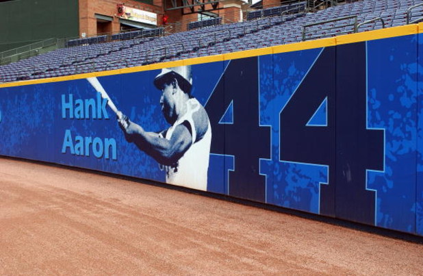 ATLANTA - JULY 26:  At Turner Field, a poster honors #44 Hank Aaron and his career with the Braves (1954-1974), on July 26, 2004 in Atlanta, Georgia. (Photo by Scott Cunningham/Getty Images)