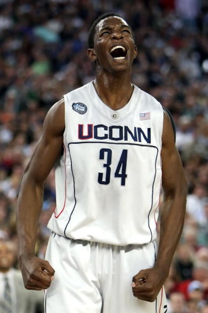 DETROIT - APRIL 04:  Hasheem Thabeet #34 of the Connecticut Huskies reacts after he scored a basket in the first half against the Michigan State Spartans during the National Semifinal game of the NCAA Division I Men's Basketball Championship at Ford Field