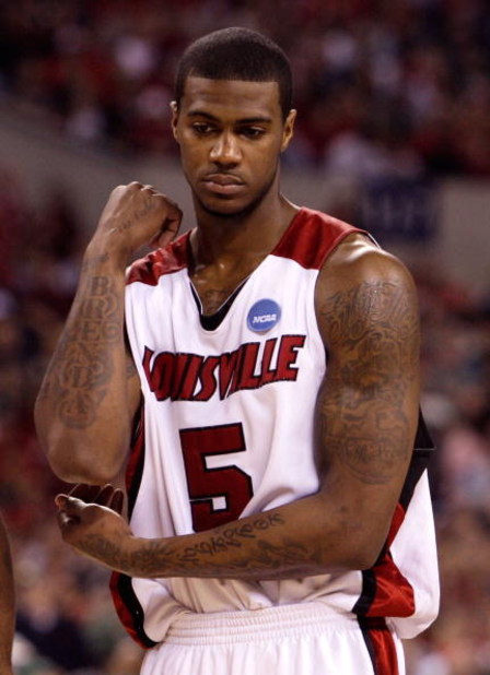 INDIANAPOLIS - MARCH 29:  Earl Clark #5 of the Louisville Cardinals looks on against the Michigan State Spartans during the fourth round of the NCAA Division I Men's Basketball Tournament at the Lucas Oil Stadium on March 29, 2009 in Indianapolis, Indiana