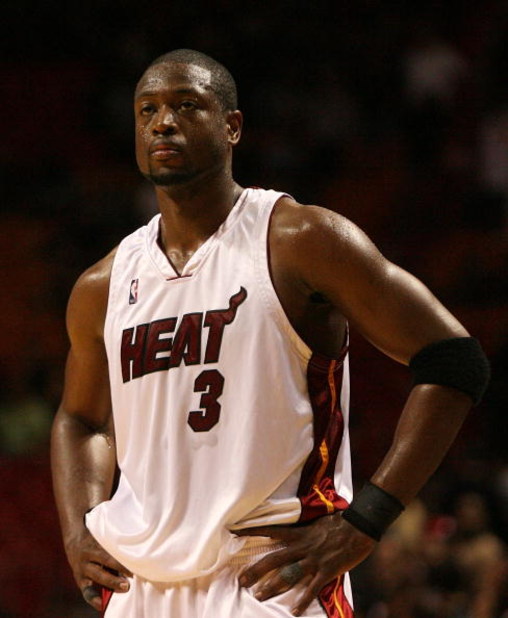 MIAMI - APRIL 27: Dwyane Wade #3 of the Miami Heat reacts with less than a minute to play in the game against the Atlanta Hawks during Game Four of the Eastern Conference Quarterfinals of the 2009 NBA Playoffs at American Airlines Arena on April 27, 2009
