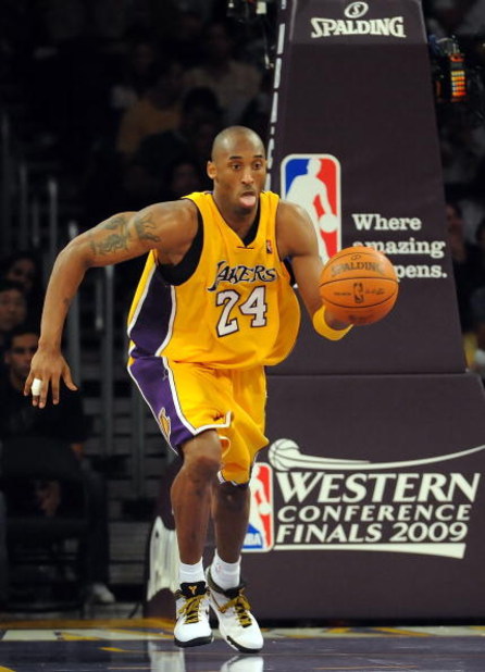 LOS ANGELES, CA - MAY 27: Kobe Bryant #24 of the Los Angeles Lakers moves the ball against the Denver Nuggets in Game Five of the Western Conference Finals during the 2009 NBA Playoffs at Staples Center on May 27, 2009 in Los Angeles, California. NOTE TO