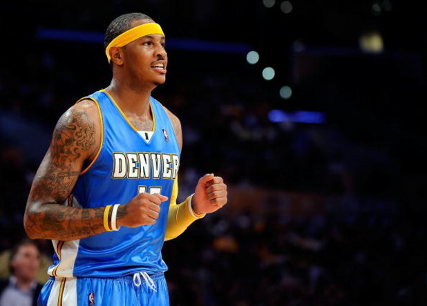 LOS ANGELES, CA - MAY 27: Carmelo Anthony #15 of the Denver Nuggets reacts in the third quarter against the Los Angeles Lakers in Game Five of the Western Conference Finals during the 2009 NBA Playoffs at Staples Center on May 27, 2009 in Los Angeles, Ca