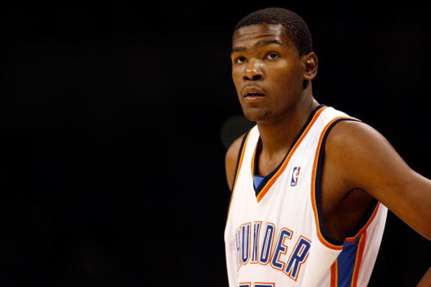 OKLAHOMA CITY - OCTOBER 29:  Kevin Durant #35 of the Oklahoma City Thunder watches a free throw against the Milwaukee Bucks at the Ford Center on October 29, 2008 in Oklahoma City, Oklahoma. The Bucks defeated the Thunder 98-87.  NOTE TO USER: User expres