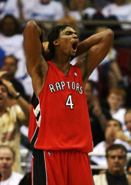ORLANDO, FL - APRIL 20: Chris Bosh #4 of the Toronto Raptors reacts after being called for a foul in the second half against the Orlando Magic in Game One of the Eastern Conference Quarterfinals during the 2008 NBA Playoffs at the Amway Arena on April 20