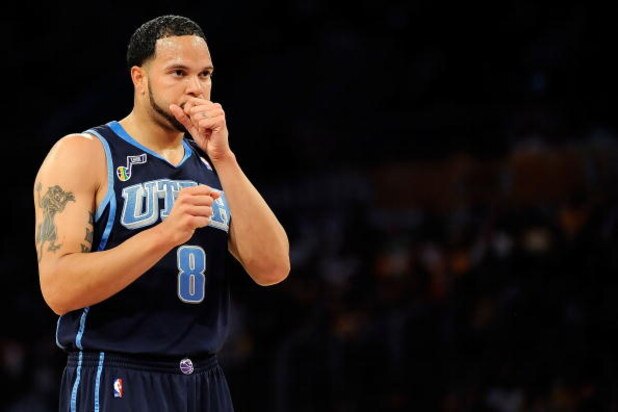 LOS ANGELES, CA - APRIL 21: Deron Williams #8 of the Utah Jazz looks on against the Los Angeles Lakers in Game Two of the Western Conference Quarterfinals during the 2009 NBA Playoffs at Staples Center on April 21, 2009 in Los Angeles, California. NOTE T