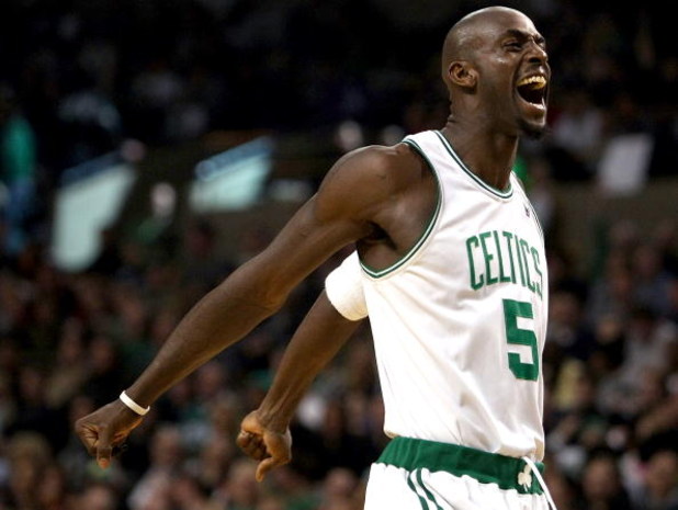 BOSTON - NOVEMBER 26: Kevin Garnett #5 of the Boston Celtics goes through his pregame ritual of screaming before the tipoff against the Golden State Warriors on November 26,2008 at TD Banknorth Garden in Boston, Massachusetts. NOTE TO USER: User expressly