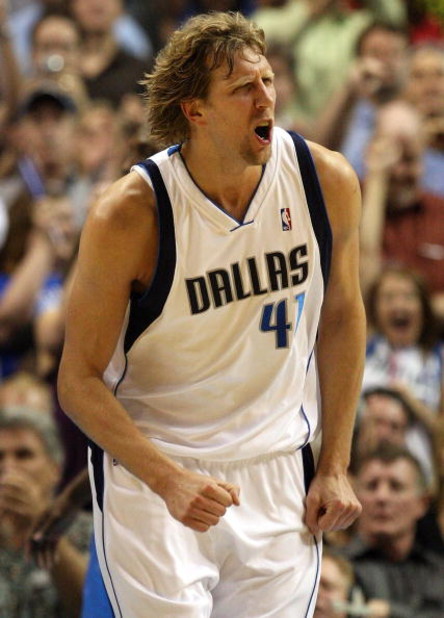DALLAS - MAY 11:  Forward Dirk Nowitzki #41 of the Dallas Mavericks reacts after making a shot against the Denver Nuggets in Game Four of the Western Conference Semifinals during the 2009 NBA Playoffs at American Airlines Center on May 11, 2009 in Dallas,