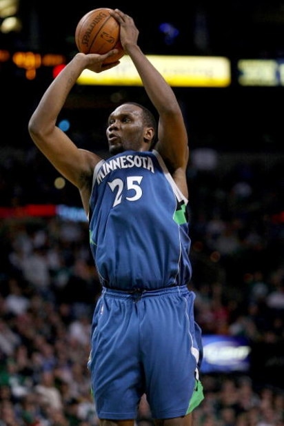 BOSTON - FEBRUARY 01: Al Jefferson #25 of Minnesota Timberwolves takes a shot in the first half against the Boston Celtics on February 1, 2009 at TD Banknorth Garden in Boston, Massachusetts. NOTE TO USER: User expressly acknowledges and agrees that, by