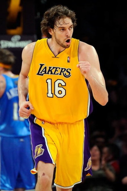 LOS ANGELES, CA - MAY 27: Pau Gasol #16 of the Los Angeles Lakers reacts in the fourth quarter against the Denver Nuggets in Game Five of the Western Conference Finals during the 2009 NBA Playoffs at Staples Center on May 27, 2009 in Los Angeles, Califor