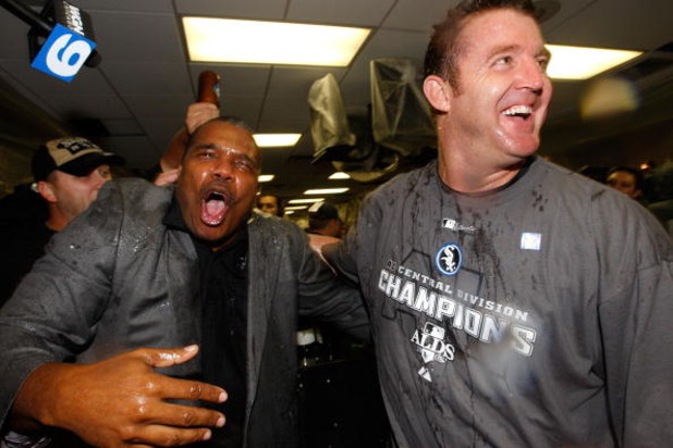 CHICAGO - SEPTEMBER 30:  (L-R)  General manager Kenny Williams and Jim Thome #25 of the Chicago White Sox celebrate in the locker room against the Minnesota Twins during the American League Central Division Tiebreaker game at U.S. Cellular Field on Septem