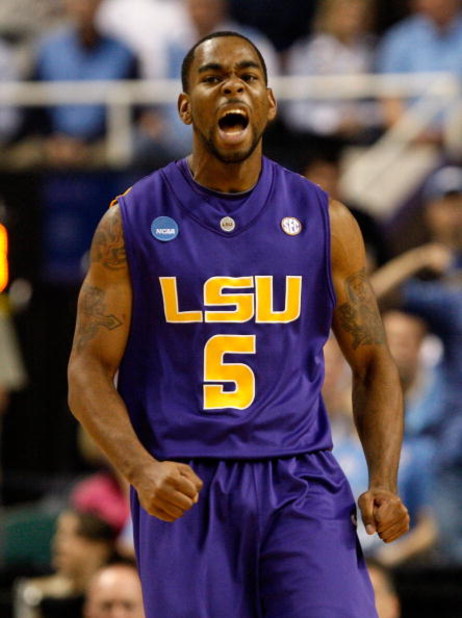 GREENSBORO, NC - MARCH 21:  Marcus Thornton #5 of the Louisiana State University Tigers reacts after a basket against the North Carolina Tar Heels during the second round of the NCAA Division I Men's Basketball Tournament at the Greensboro Coliseum on Mar