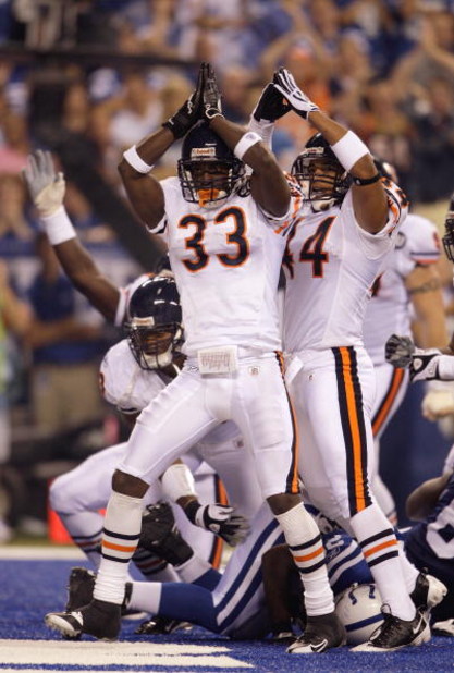 INDIANAPOLIS - SEPTEMBER 07:  Kevin Payne #44 and Charles Tillman #33 of the Chicago Bears signal for a safety during the NFL game against the Indianapolis Colts at Lucas Oil Stadium on September 7, 2008 in Indianapolis, Indiana.  The Bears defeated the C