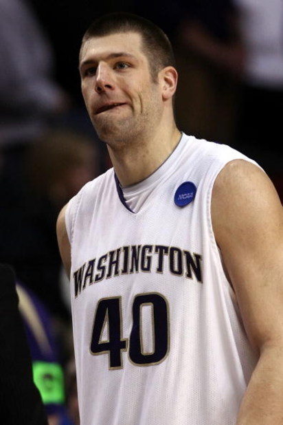 PORTLAND, OR - MARCH 21:  Jon Brockman #40 of the Washington Huskies reacts after losing to the Purdue Boilermakers during the second round of the NCAA Division I Men's Basketball Tournament at the Rose Garden on March 21, 2009 in Portland, Oregon. The Bo