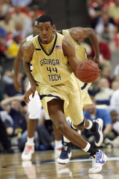 ATLANTA - MARCH 12:  Alade Aminu #44 of the Georgia Tech Yellow Jackets drives the ball downcourt against the Clemson Tigers during day one of the 2009 ACC Men's Basketball Tournament on March 12, 2009 at the Georgia Dome in Atlanta, Georgia.  (Photo by K