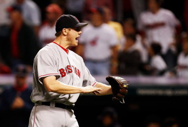CLEVELAND - OCTOBER 18:  Closing pitcherJonathan Papelbon #58 of the Boston Red Sox celebrates after defeating the Cleveland Indians by a score of 7-1 to take Game Five of the American League Championship Series at Jacobs Field on October 18, 2007 in Clev