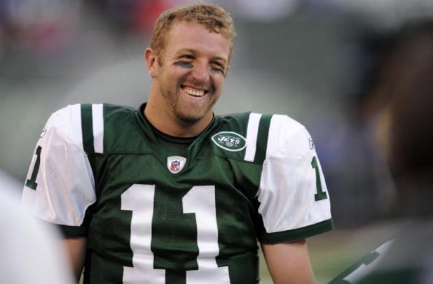 EAST RUTHERFORD, NJ - AUGUST 23:  Kellen Clemens #11 of the New York Jets smiles on the sidelines during a preseason NFL game against the New York Giants at Giants Stadium in the Meadowlands on August 23, 2008 in East Rutherford, New Jersey.  (Photo by Je