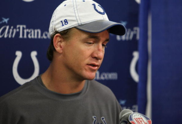 SAN DIEGO - JANUARY 03:  Quarterback Peyton Manning #18 of the Indianapolis Colts speaks to members of the media after being defeated by the San Diego Chargers 23-17 in the AFC Wild Card Game on January 3, 2009 at Qualcomm Stadium in San Diego, California