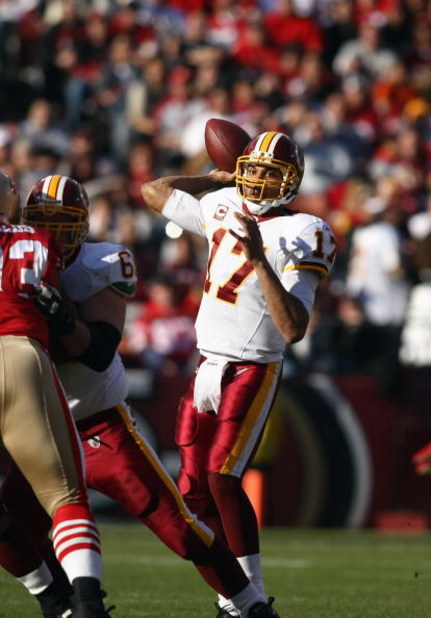 SAN FRANCISCO - DECEMBER 28:  Quarterback Jason Campbell #17 of the Washington Redskins passes the ball during the game against of the San Fransisco 49ers at Candlestick Park on December 28, 2008 in San Francisco, California. (Photo by: Jonathan Ferrey/Ge