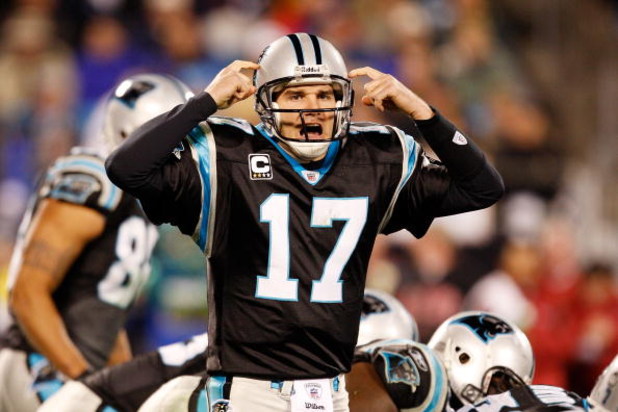CHARLOTTE, NC - JANUARY 10:  Quarterback Jake Delhomme #17 of the Carolina Panthers reacts during the game against the Arizona Cardinals during the NFC Divisional Playoff Game on January 10, 2009 at Bank of America Stadium in Charlotte, North Carolina.  (