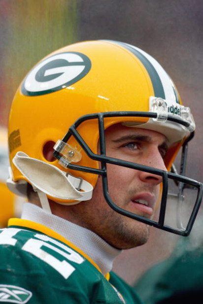 GREEN BAY - DECEMBER 7: Quarterback Aaron Rodges #12 of the Green Bay Packers looks to the boards during the game against the Houston Texans at Lambeau Field on December 7, 2008 in Green Bay, Wisconsin. ( Photo by: Jeff Gross/Getty Images)