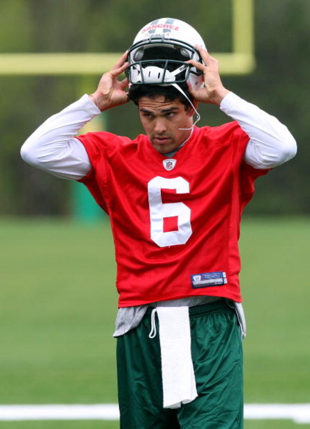 FLORHAM PARK, NJ - MAY 02: Quarterback Mark Sanchez #6 of the New York Jets looks on during minicamp on May 2, 2009 at the Atlantic Health Jets Training Center in Florham Park, New Jersey. (Photo by Jim McIsaac/Getty Images)