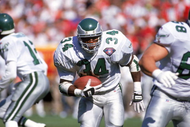 SAN FRANCISCO - OCTOBER 2:  Running back Herschel Walker #34 of the Philadelphia Eagles rushes for yards during a game against the San Francisco 49ers at Candlestick Park on October 2, 1994 in San Francisco, California.  The Eagles won 40-8.  (Photo by Ge