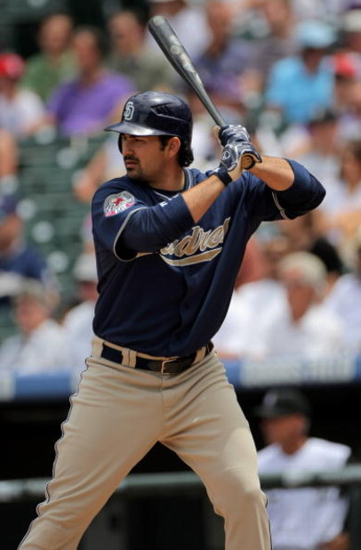 DENVER - MAY 31: Adrian Gonzalez #23 of the San Diego Padres takes an at bat against the Colorado Rockies during MLB action at Coors Field on May 31, 2009 in Denver, Colorado. The Padres defeated the Rockies 5-2. (Photo by Doug Pensinger/Getty Images)