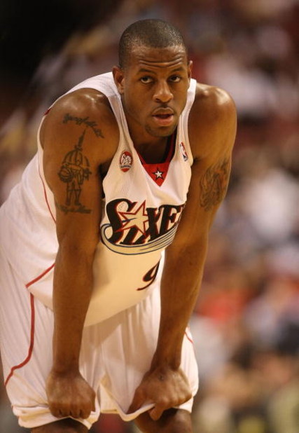 PHILADELPHIA - APRIL 30:  Andre Iguodala #9 of the Philadelphia 76ers looks on against the Orlando Magic during Game Six of the Eastern Conference Quarterfinals at Wachovia Center on April 30, 2009 in Philadelphia, Pennsylvania. NOTE TO USER: User express