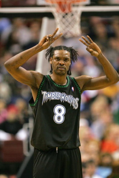 PHILADELPHIA - DECEMBER 8:  Latrell Sprewell #8 of the Minnesota Timberwolves against the Philadelphia 76ers during the game at the Wachovia Center on December 8, 2004 in Philadelphia, Pennsylvania.  The Wolves won 119-84. NOTE TO USER: User expressly ack