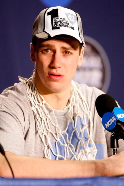 DETROIT - APRIL 06:  Tyler Hansbrough #50 of the North Carolina Tar Heels answers questions during the post game news conference after the Tar Heels 89-72 win against the Michigan State Spartans during the 2009 NCAA Division I Men's Basketball National Ch