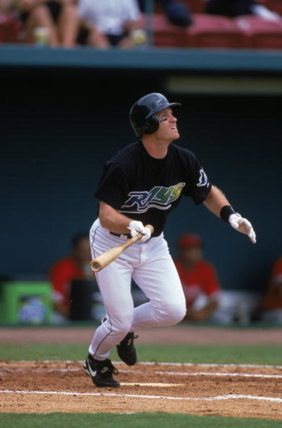 8 Mar 2000: Kevin Stocker #19 of the Tampa Bay Devil Rays drops the bat after his swing during the Spring Training Game against the Philadelphia Phillies at Florida Power Park in St. Petersburgh, Florida. Mandatory Credit: Scott Halleran  /Allsport
