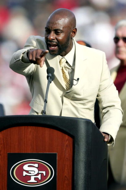 SAN FRANCISCO - NOVEMBER 19:  Former 49er Jerry Rice addresses the crowd during a ceremony held in his honor during half time of the NFL game between the San Francisco 49ers and the Seattle Seahawks at Monster Park on November 19, 2006 in San Francisco, C