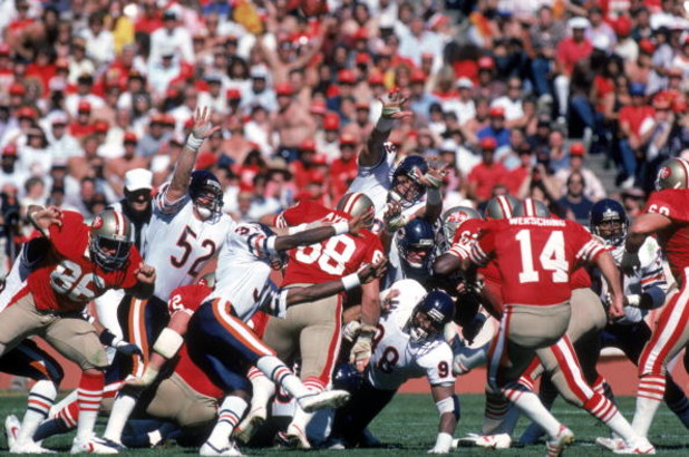 SAN FRANCISCO - OCTOBER 13:  Ray Wersching #85 of the San Francisco 49ers kicks the ball during a game against the Chicago Bears at Candlestick Park on October 13, 1985 in San Francisco, California.  The Bears won 26-10.  (Photo by George Rose/Getty Image