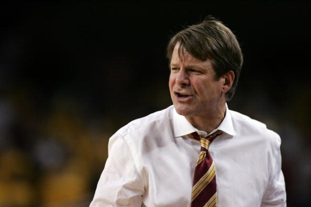 LOS ANGELES, CA - MARCH 08:  Head Coach Tim Floyd of the USC Trojans reacts to a warning from the referee during a break in Pac-10 Conference game action against the Stanford Cardinal at the Galen Center on March 8, 2008 in Los Angeles, California.  (Phot