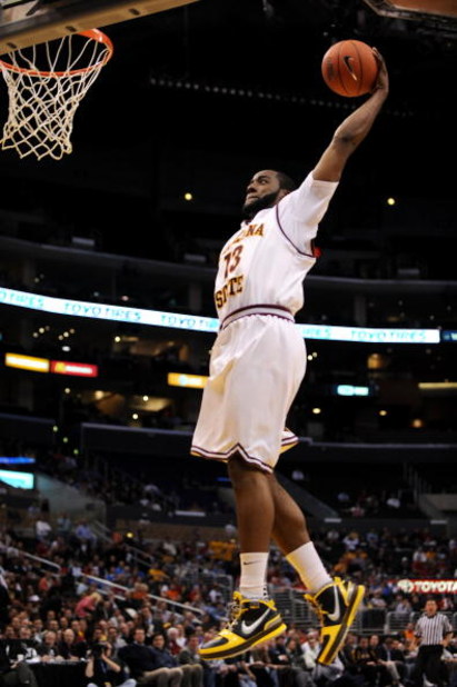 LOS ANGELES, CA - MARCH 12:  Guard James Harden #13 of the Arizona State Sun Devils goes up for a dunk against the Arizona Wildcats during the Pacific Life Pac-10 Men's Basketball Tournament at the Staples Center on March 12, 2009 in Los Angeles, Californ