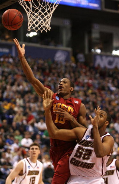 MINNEAPOLIS - MARCH 20:  DeMar DeRozan #10 of the USC Trojans attempts a shot against Josh Southern #52 of the Boston College Eagles during the first round of the NCAA Division I Men's Basketball Tournament at the Hubert H. Humphrey Metrodome on March 20,