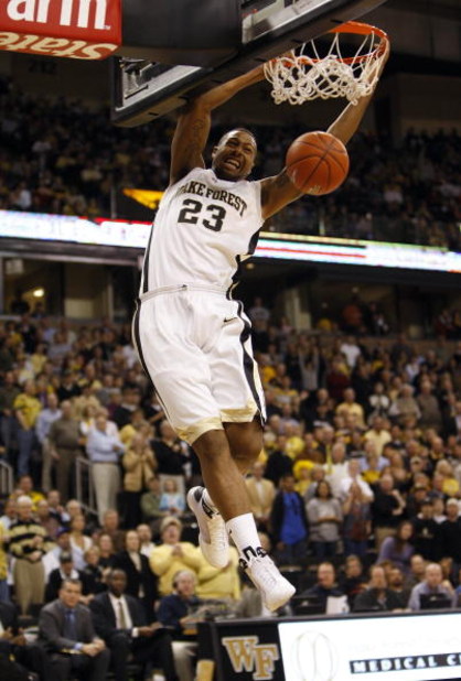 WINSTON-SALEM, NC - FEBRUARY 18:  James Johnson #23 of the Wake Forest Demon Deacons goes up for the slam dunk during their game against the Georgia Tech Yellow Jackets at Lawrence Joel Coliseum on February 18, 2009 in Winston-Salem, North Carolina. The D