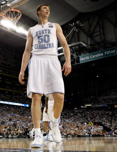 DETROIT - APRIL 06:  Tyler Hansbrough #50 of the North Carolina Tar Heels looks on against the Michigan State Spartans during the 2009 NCAA Division I Men's Basketball National Championship game at Ford Field on April 6, 2009 in Detroit, Michigan. The Tar