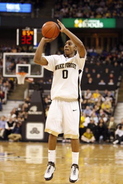 WINSTON-SALEM, NC - FEBRUARY 18:  Jeff Teague #0 of the Wake Forest Demon Deacons shoots the outside jump shot during their game against the Georgia Tech Yellow Jackets at Lawrence Joel Coliseum on February 18, 2009 in Winston-Salem, North Carolina. The D