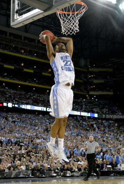 DETROIT - APRIL 06:  Wayne Ellington #22 of the North Carolina Tar Heels dunks in the first half against the Michigan State Spartans during the 2009 NCAA Division I Men's Basketball National Championship game at Ford Field on April 6, 2009 in Detroit, Mic