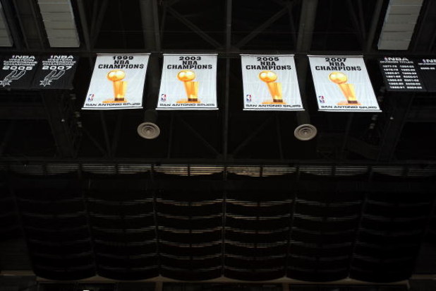 SAN ANTONIO - APRIL 18:  NBA Championship banners of the San Antonio Spurs after Game One of the Western Conference Quarterfinals during the 2009 NBA Playoffs at AT&T Center on April 18, 2009 in San Antonio, Texas. NOTE TO USER: User expressly acknowledge
