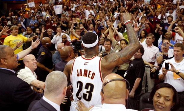 CLEVELAND - MAY 22:  LeBron James #23 of the Cleveland Cavaliers walks off the court after making the game winning three point basket against the Orlando Magic in Game Two of the Eastern Conference Finals during the 2009 Playoffs at Quicken Loans Arena on