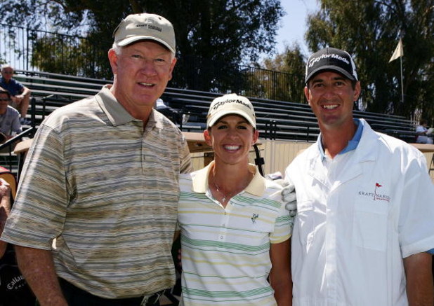 RANCHO MIRAGE, CA - MARCH 28:  Basketball legend John Havlicek poses with LPGA player Nicole Castrale and her husband Craig during the pro-am at the Kraft Nabisco Championship at Mission Hills Country Club on March 28, 2007 in Rancho Mirage, California. (