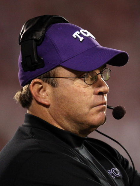 NORMAN, OK - SEPTEMBER 27:  Head coach Gary Patterson of the TCU Horned Frogs during play against the Oklahoma Sooners at Oklahoma Memorial Stadium on September 27, 2008 in Norman, Oklahoma.  The Sooners defeated the Horned Frogs 35-10.  (Photo by Ronald 