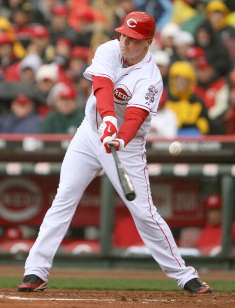 CINCINNATI, OH - APRIL 6: Jay Bruce #32 of the Cincinnati Reds swings through a pitch against the New York Mets at Great American Ballpark on April 6, 2009 in Cincinnati, Ohio. The Mets won 2-1.(Photo by Mark Lyons/Getty Images)