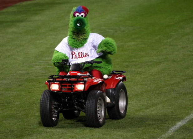 PHILADELPHIA - OCTOBER 29:  The Philly Phanatic, mascot of the Philadelphia Phillies rides around the field on a 4 wheel atv against the Tampa Bay Rays during the continuation of game five of the 2008 MLB World Series on October 29, 2008 at Citizens Bank 
