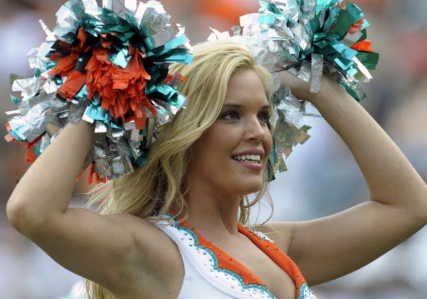 MIAMI, FL - JANUARY 4:  A cheerleader of the Miami Dolphins entertains during play against the Baltimore Ravens in an NFL Wildcard Playoff Game at Dolphins Stadium on January 4, 2009 in Miami, Florida.  (Photo by Al Messerschmidt/Getty Images)