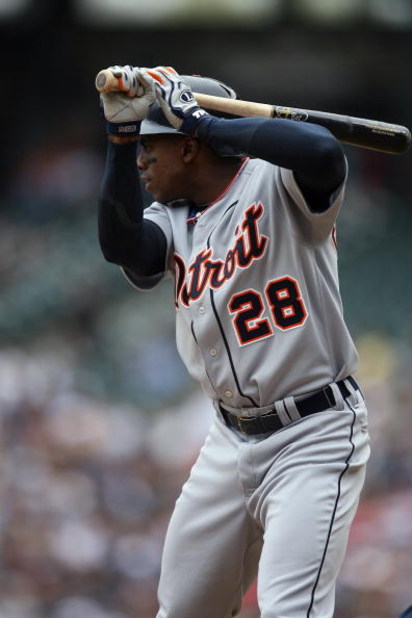 SEATTLE - APRIL 19:  Curtis Granderson #28 of the Detroit Tigers bats against the Seattle Mariners during the game on April 19, 2009 at Safeco Field in Seattle, Washington. (Photo by Otto Greule Jr/Getty Images)