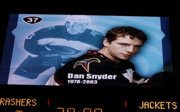 ATLANTA - OCTOBER 9:  The scoreboard memorializes the untimely passing of center Dan Snyder #37 of the Atlanta Thrashers during a ceremony, before the game against the Columbus Blue Jackets at Philips Arena on October 9, 2003 in Atlanta, Georgia.  The Thr